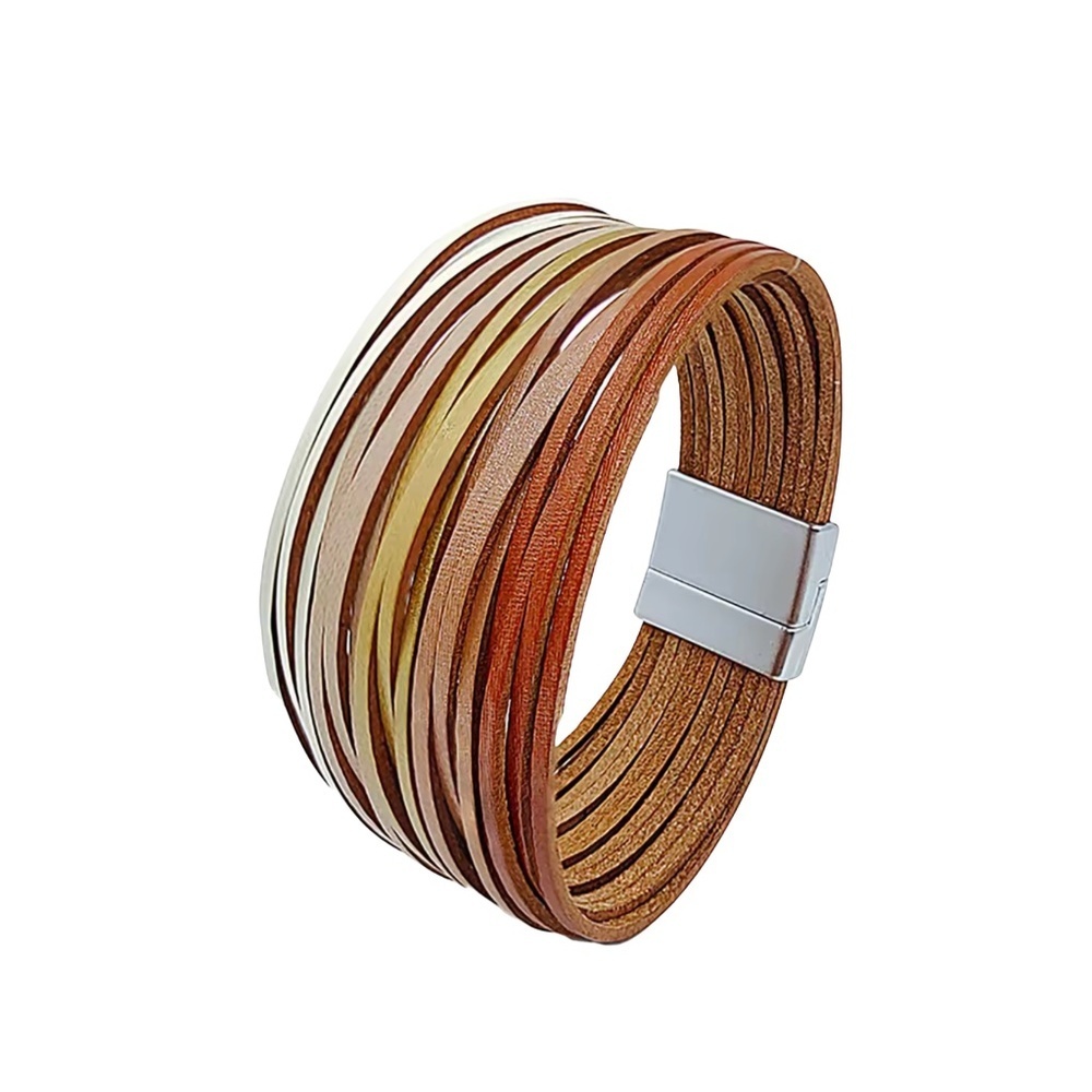 Multi-Strand Tan & Gold Leather Wrap Bracelet with Leopard Accent – Last One